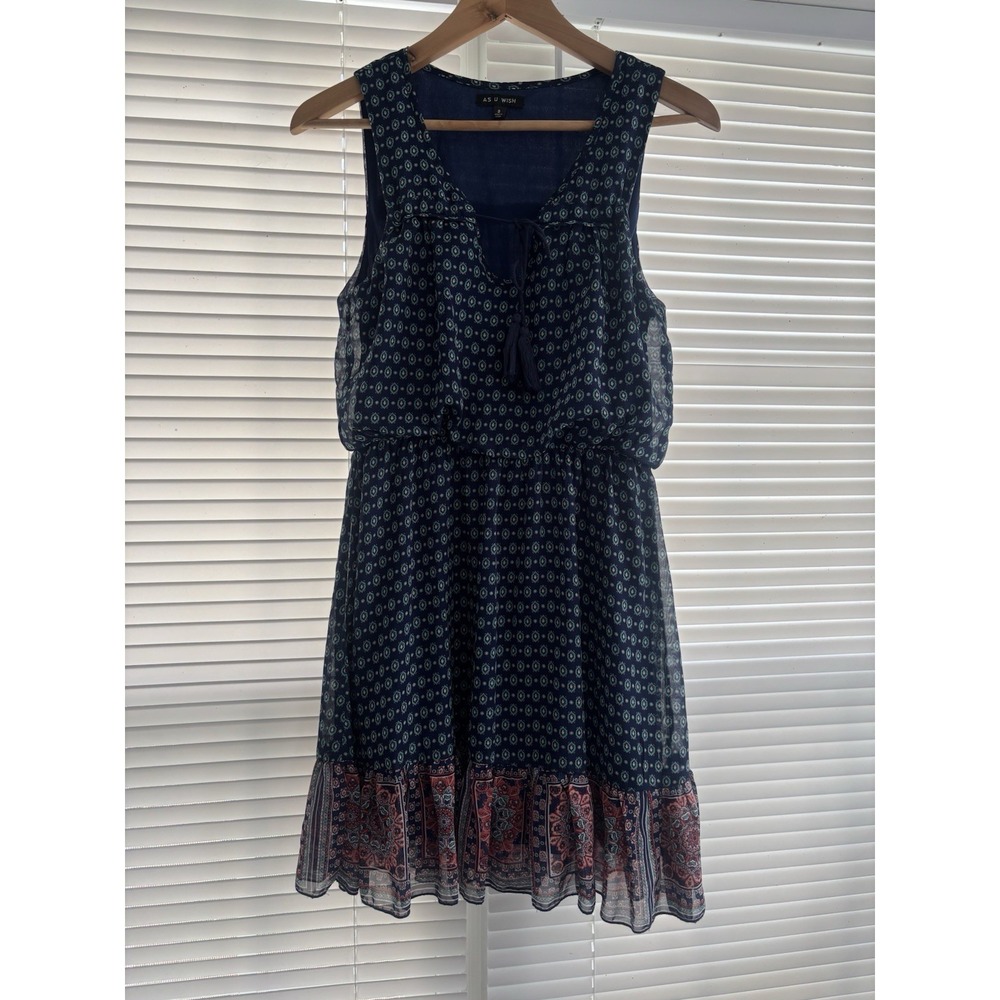 As U Wish Sleeveless Peasant‎ Dress  Women's S Boho Ruffle Medallion Print